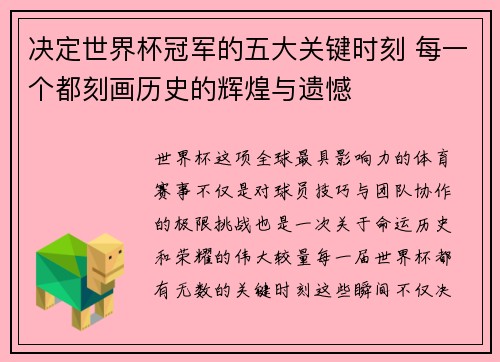 决定世界杯冠军的五大关键时刻 每一个都刻画历史的辉煌与遗憾